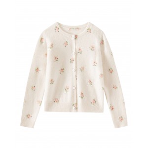 Flower printed cashmere cardigan in milk white