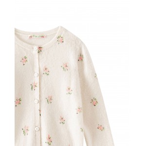 Flower printed cashmere cardigan in milk white