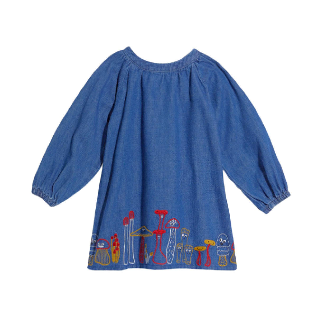 Denim dress with embroidered mushrooms