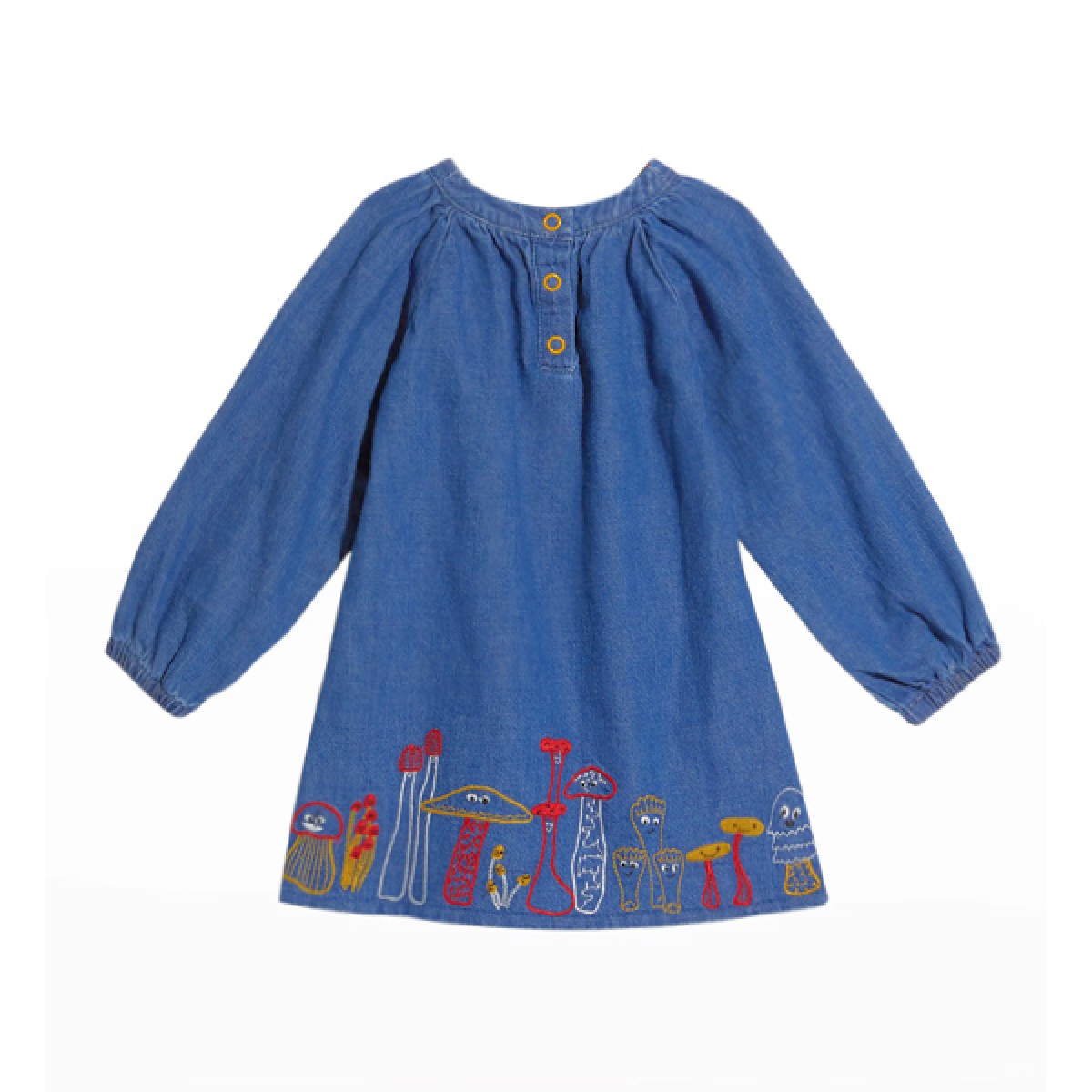Denim dress with embroidered mushrooms