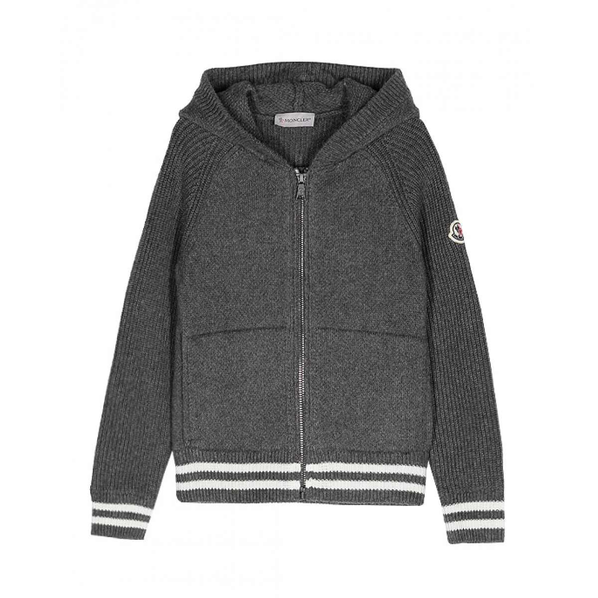Grey zip-up cardigan with logo patch