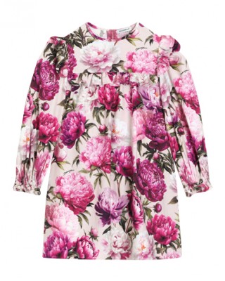 Peony-print cotton flannel dress