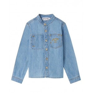 Embroidered denim shirt with mandarin collar