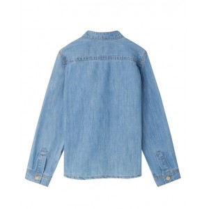 Embroidered denim shirt with mandarin collar