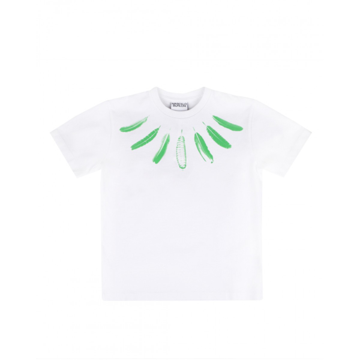White T-shirt featuring a feather print